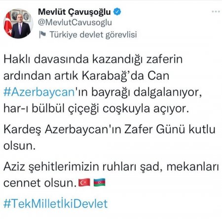 Çavuşoğlu Azərbaycanı təbrik etdi.