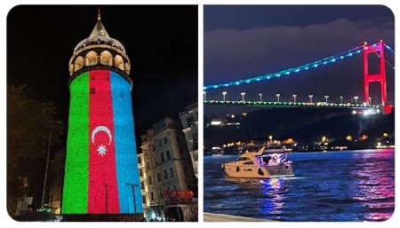 Qardaş Türkiyənin İstanbul körpüsü və Galata kulesi Azərbaycan bayrağına bürünüb