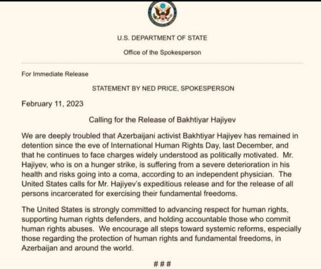 ABŞ Dövlət Departamentin rəsmisi  Ned Prays Bəxtiyar Hacıyevin azad olunmasını tələb edib