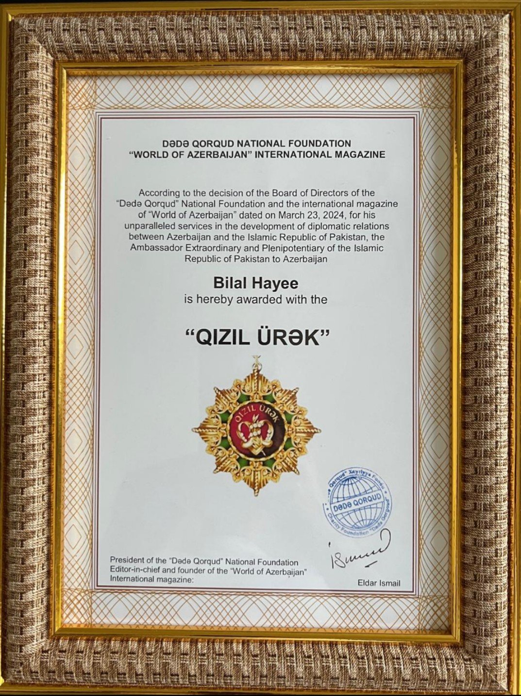 Pakistanın səfiri "Qızıl Ürək” ordeni ilə təltif edilib