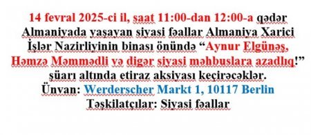 DAS təşkilatı Berlində XİN qarşısında “siyasi məhbuslara azadlıq” şüarı altında etiraz aksiyası keçirəcək