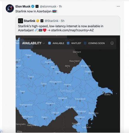 İlon Maskın Starlink peyk internet xidməti Azərbaycanda da aktiv edildi