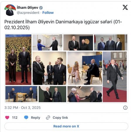 İlham Əliyev Danimarkaya işgüzar səfəri ilə bağlı paylaşım edib
