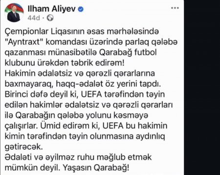 Prezident Qarabağ FK-nı təbrik edib